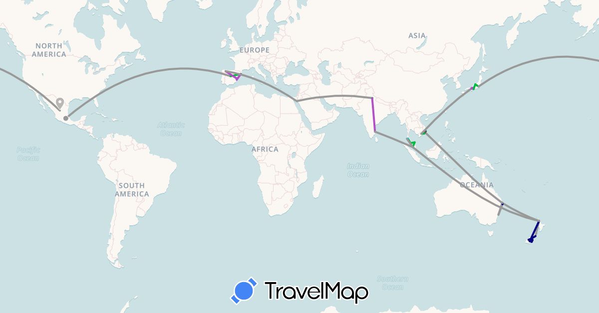 TravelMap itinerary: driving, bus, plane, train, boat, motorbike in Australia, Egypt, Spain, India, Japan, Mexico, Malaysia, New Zealand, Thailand, Vietnam (Africa, Asia, Europe, North America, Oceania)